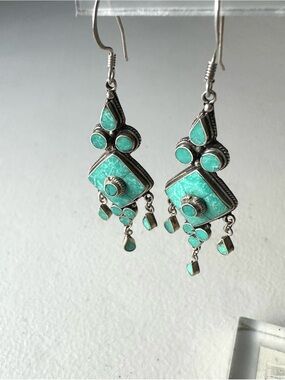 Vintage Sterling Silver Turquoise Dangle Earrings Boho Artisan Chandelier